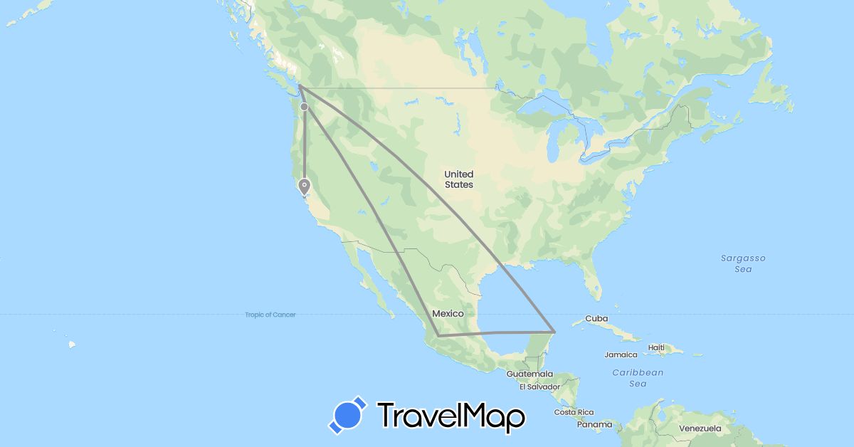 TravelMap itinerary: plane in Canada, Mexico, United States (North America)