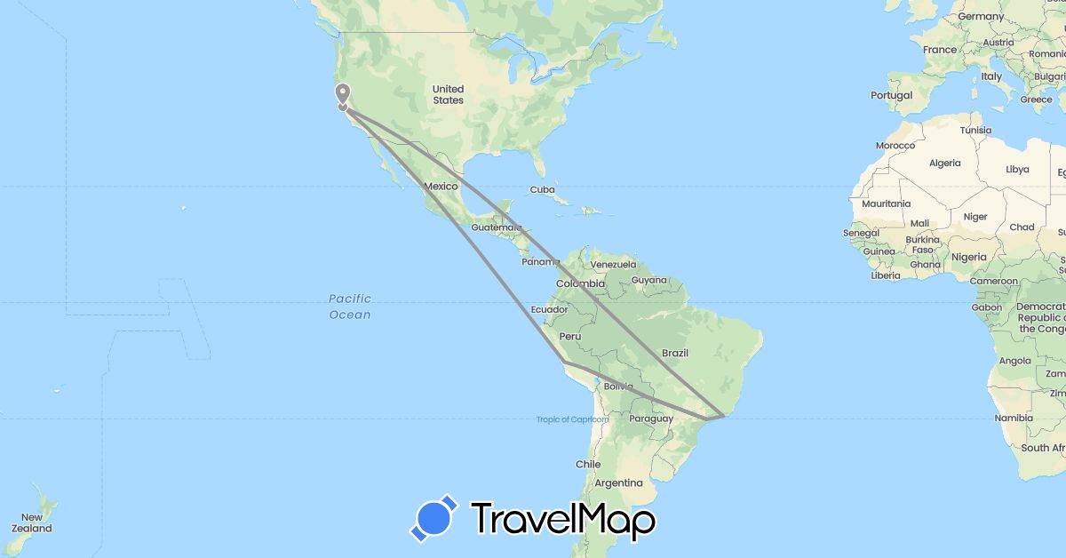 TravelMap itinerary: driving, plane in Brazil, Peru, United States (North America, South America)