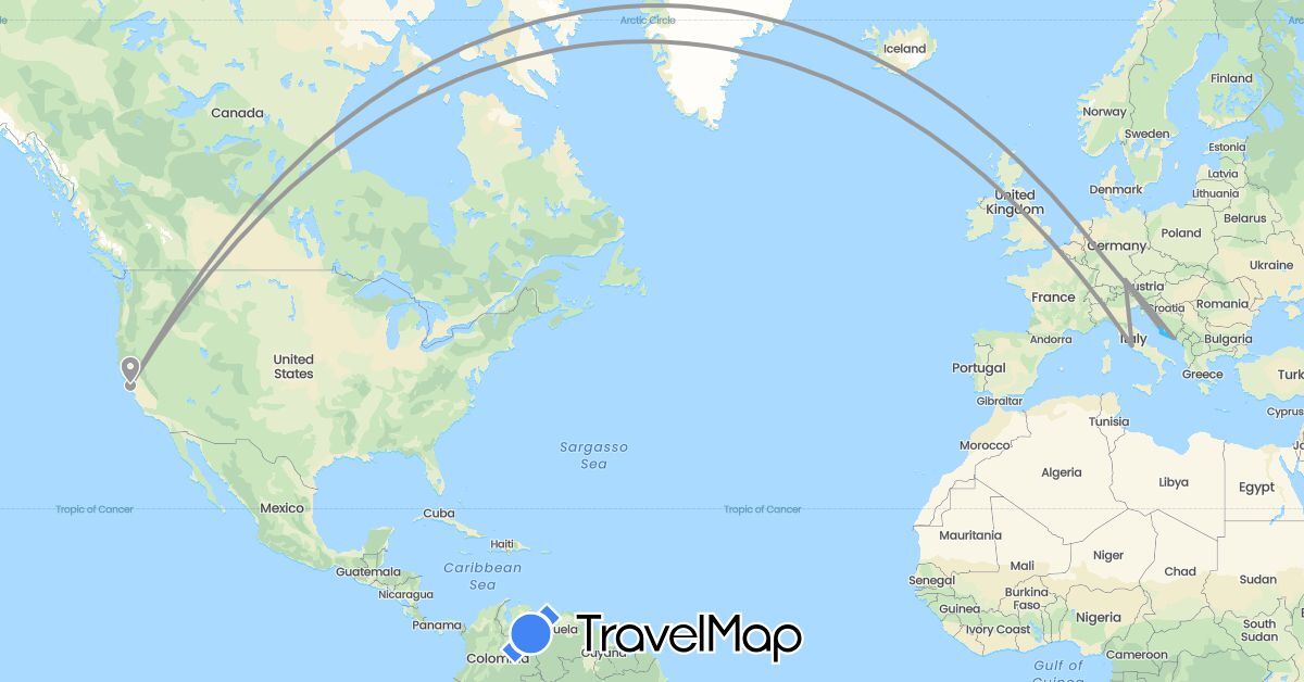 TravelMap itinerary: driving, plane, boat in Germany, Croatia, Italy, United States (Europe, North America)