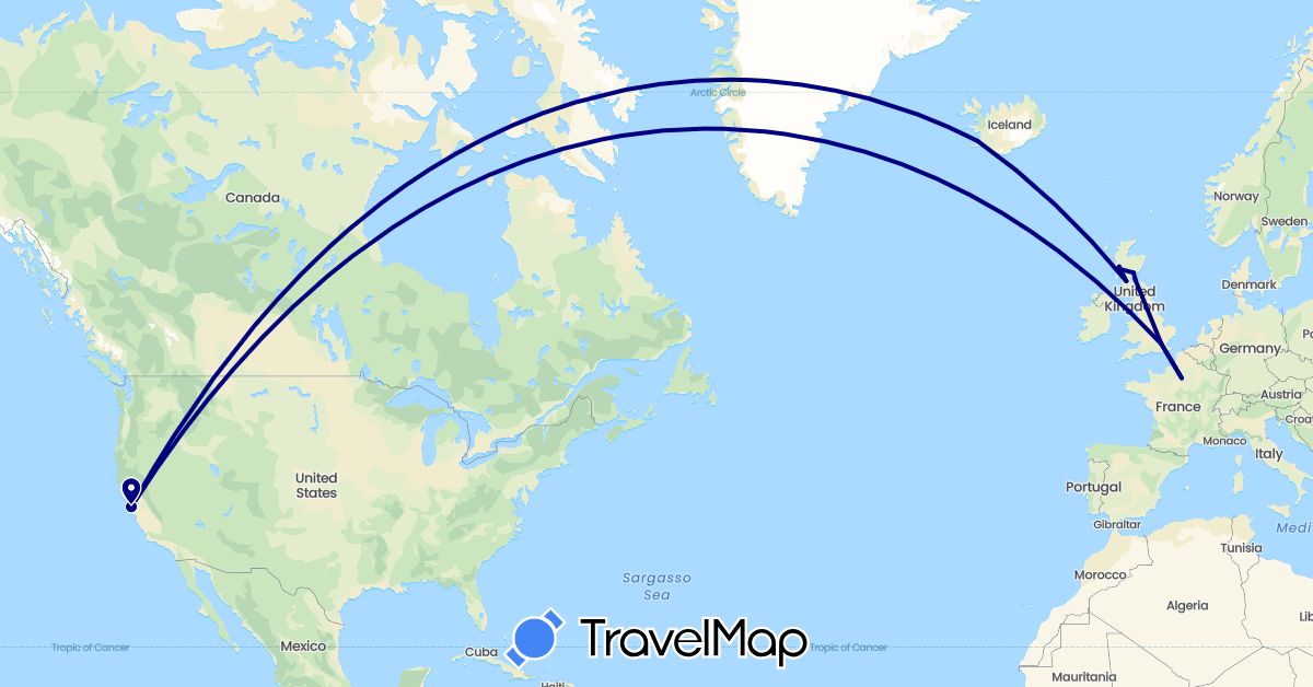 TravelMap itinerary: driving in France, United Kingdom, Iceland, United States (Europe, North America)