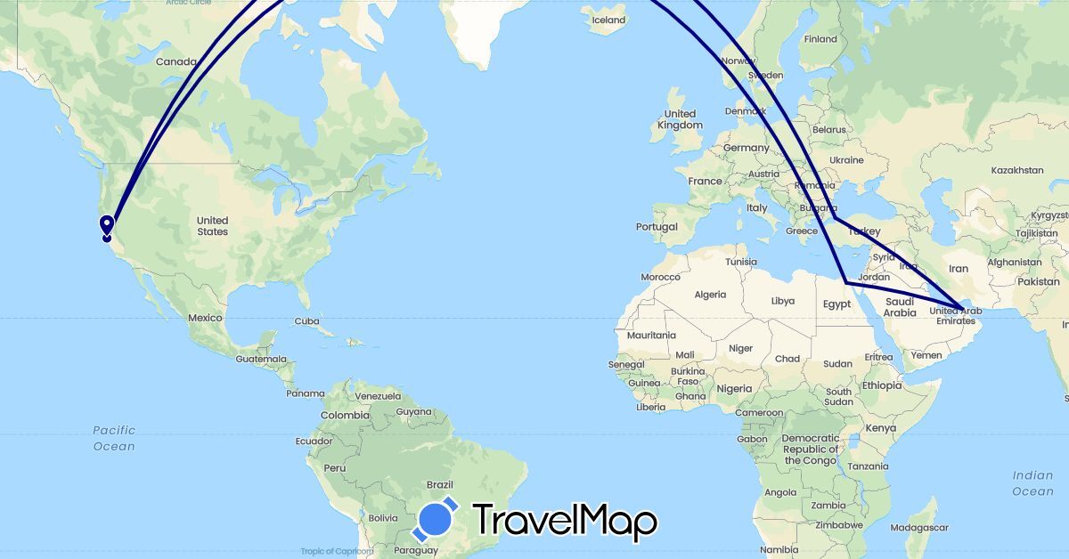 TravelMap itinerary: driving in United Arab Emirates, Egypt, Turkey, United States (Africa, Asia, North America)